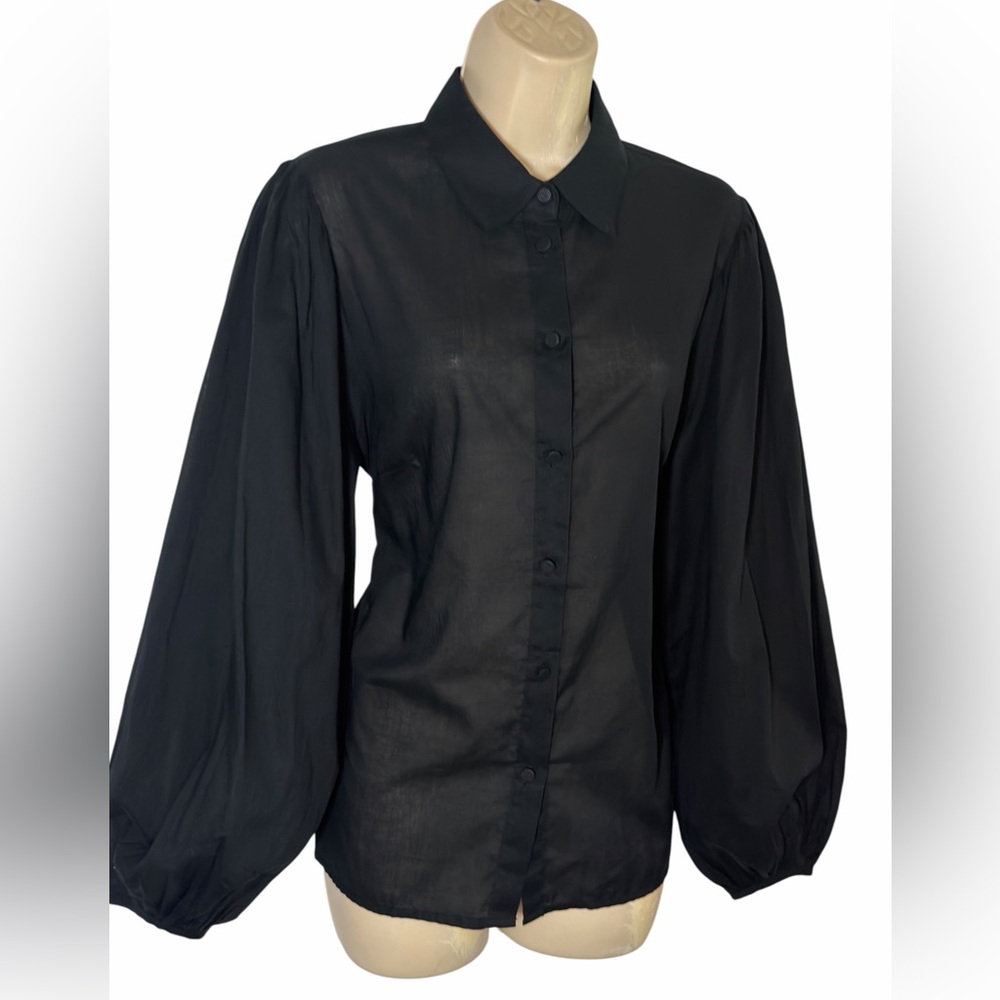 Banana Republic Cotton Voile Black Women's  Shirt Plated Balloon Sleeve L NEW - Picture 3 of 16